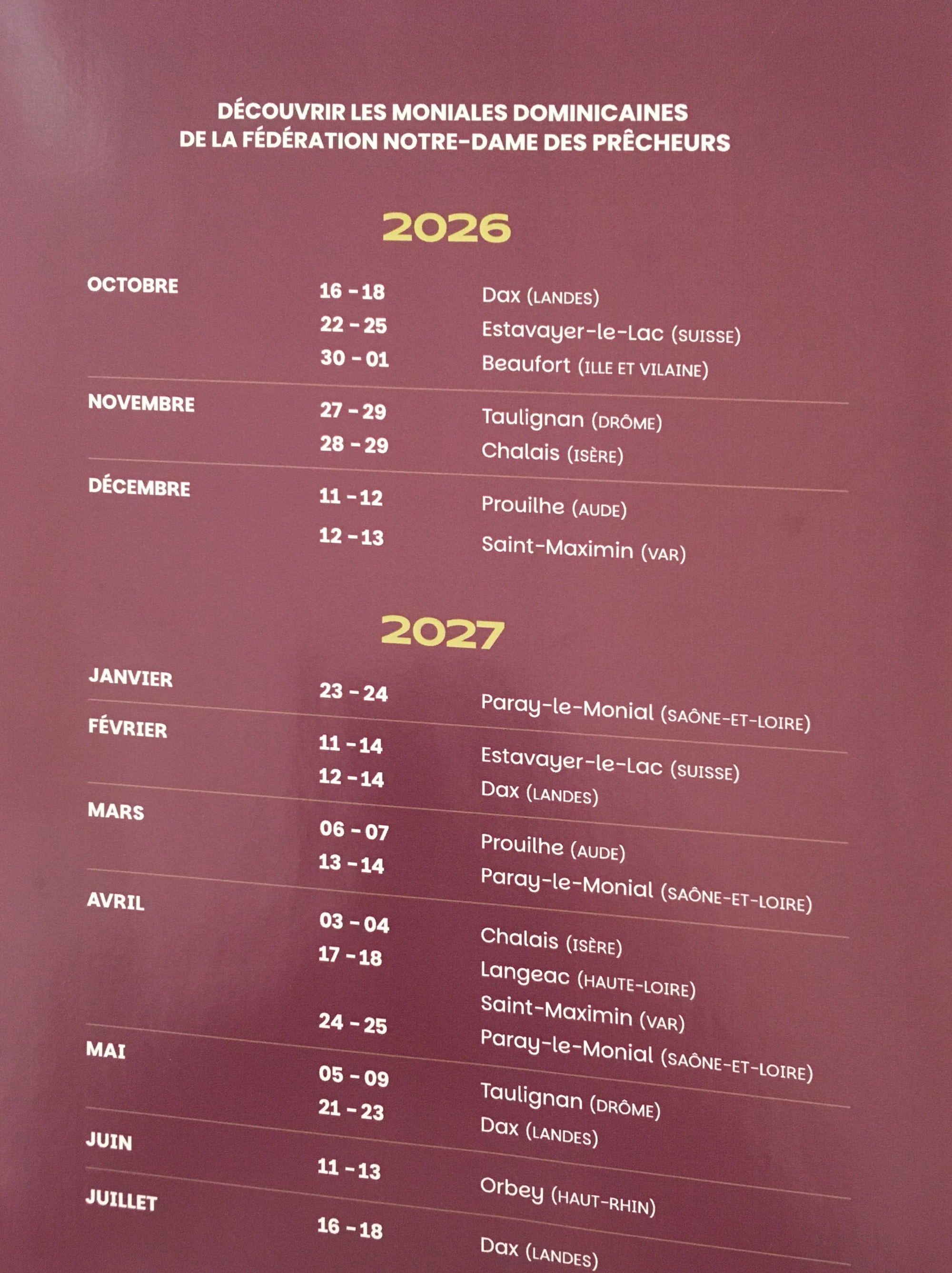 Dates des week-ends de découverte